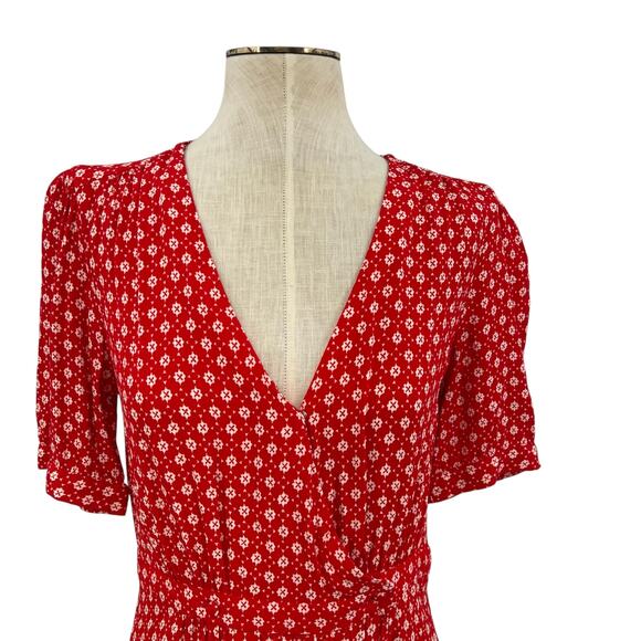 ba&sh Charlie Dress Wrap Crepe Short Sleeve Floral Print Red White Size 2 US 8 - Picture 3 of 14